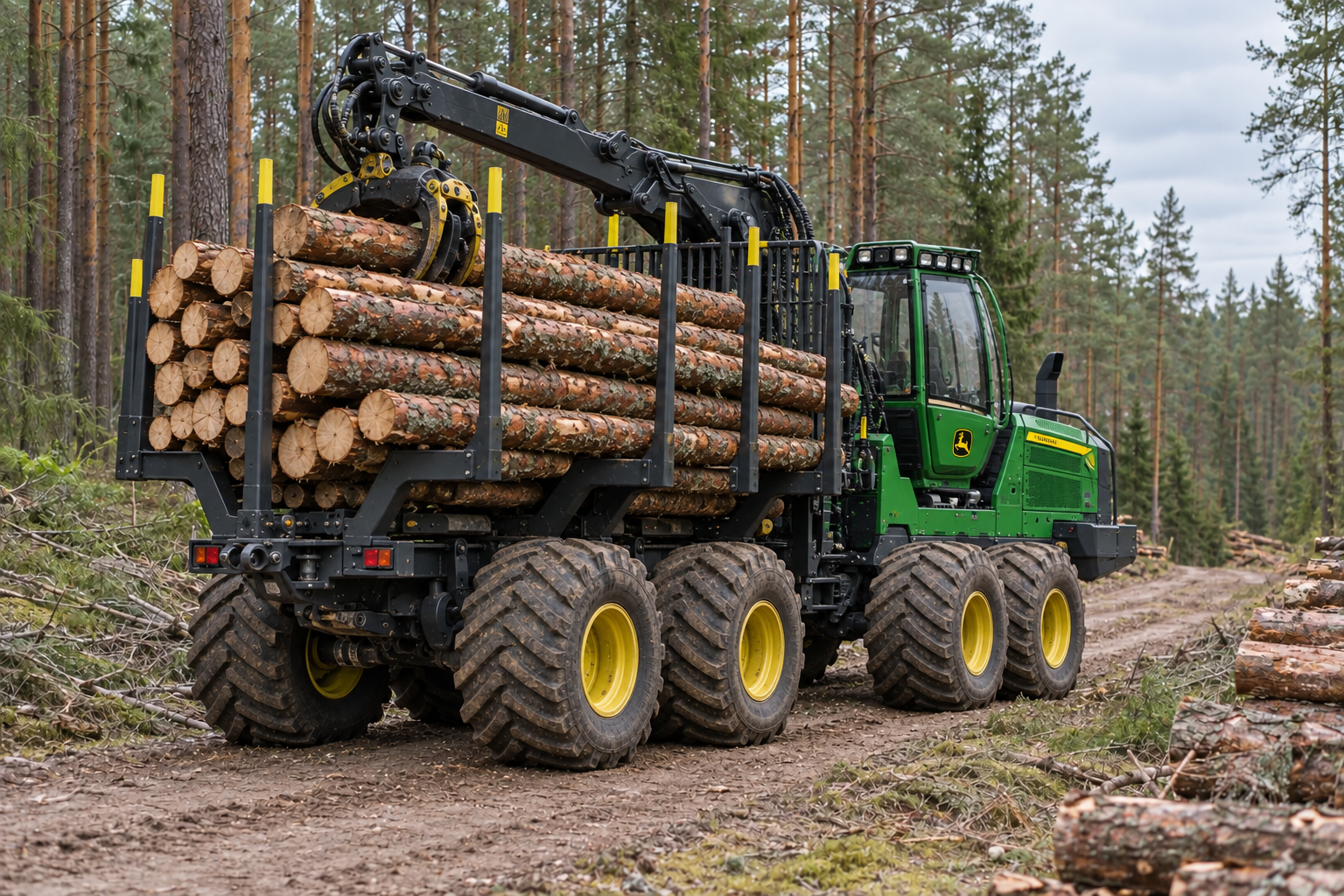 John Deere H serijos medvežės su rąstais iliustracija